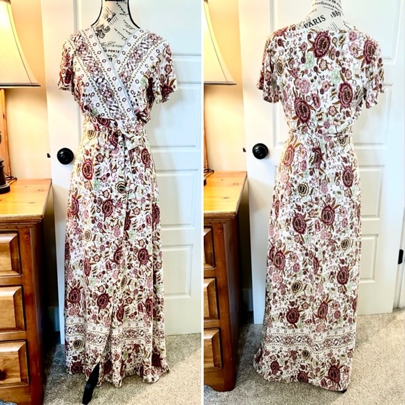 ECOWISH Wrap V Neck High Split Maxi Floral Boho Feminine Dress Women’s Small - Picture 5 of 15